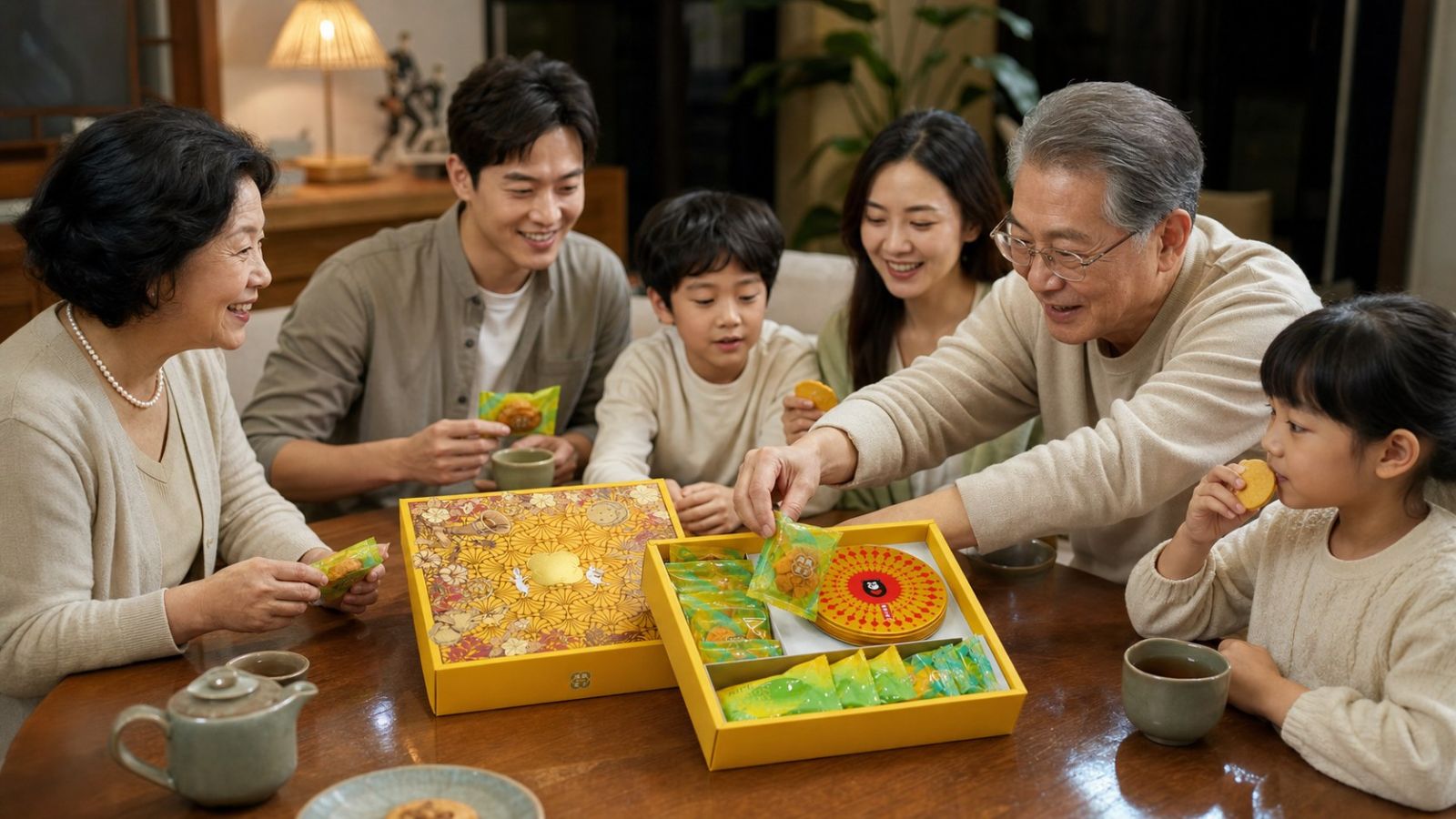 中秋晚餐後，一家人以檸檬酥、鳳凰酥與曲奇配茶分享，讓公益心意融入團聚時光。